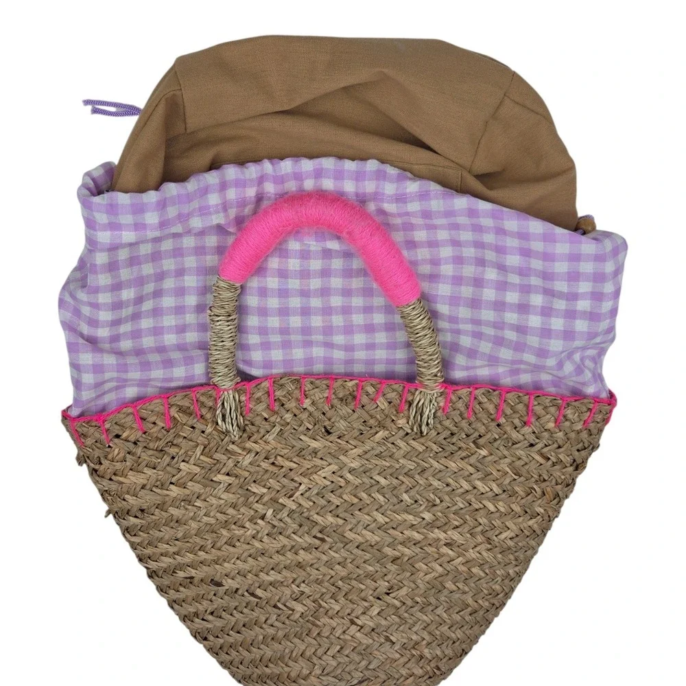 Handmade Straw Heart Medium Tote Bag Pink Boho Beachy Woven Summer Purse